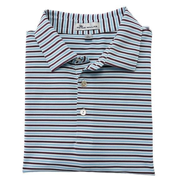 Peter Millar Striped Polo Shirt Classic Preppy Golf Blue Burgundy Size L - Picture 2 of 5